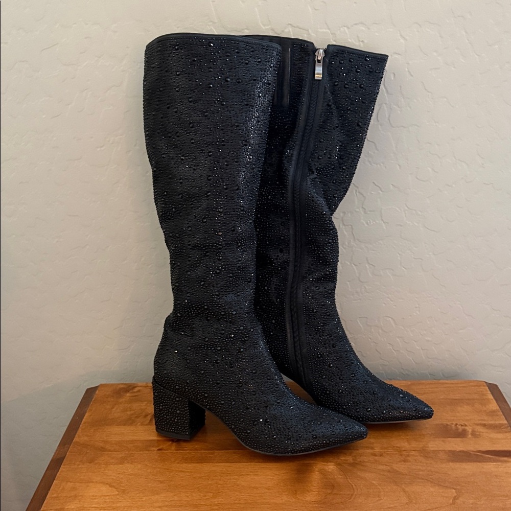 Women's Black Embellished Knee-High Block Heel Boots